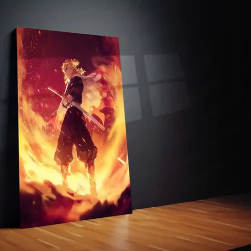 Rengoku in Flames ? Demon Slayer Heroic Stance Metal Frame | Flame Hashira Anime Poster | Bold Otaku Wall Art - Image 2