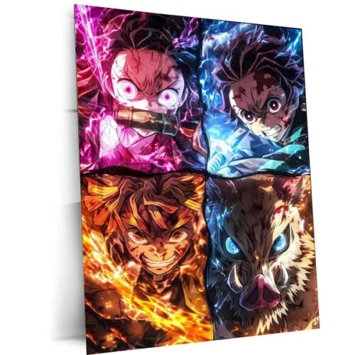 Demon Slayer Team Metal Poster ? Tanjiro, Nezuko, Zenitsu & Inosuke Wall Frame (A0 Edition)