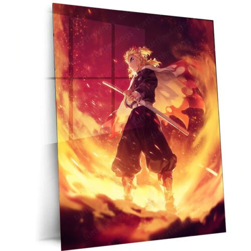 Rengoku in Flames ? Demon Slayer Heroic Stance Metal Frame | Flame Hashira Anime Poster | Bold Otaku Wall Art