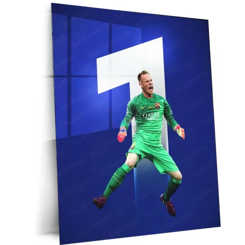 Barcelona Goalkeeper in Green Kit ? Airborne Save with #1 Backdrop ? Metal Frame | Dynamic Football Wall Art