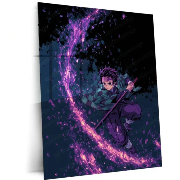 Tanjiro Sword Strike ? Demon Slayer Metal Frame | Anime Poster with Petal Effect | Elegant Action Wall Art