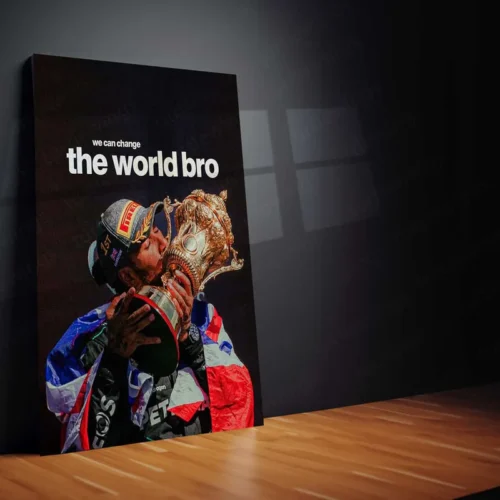 Lewis Hamilton Kissing Trophy ? ?We Can Change the World, Bro? Metal Poster | Legacy x Purpose Wall Art - Image 2