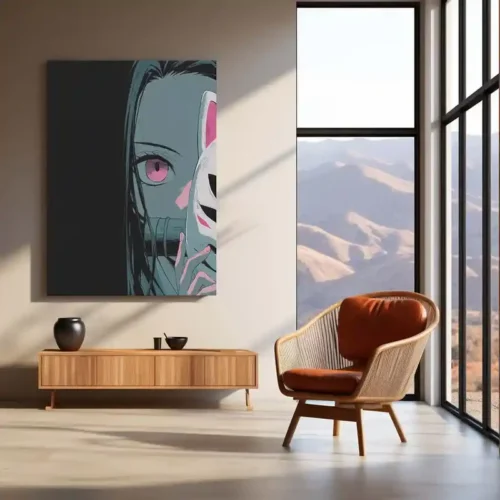 Nezuko Kamado Metal Frame ? Fox Mask Half-Cover Anime Poster | Elegant Demon Slayer Wall Art - Image 3