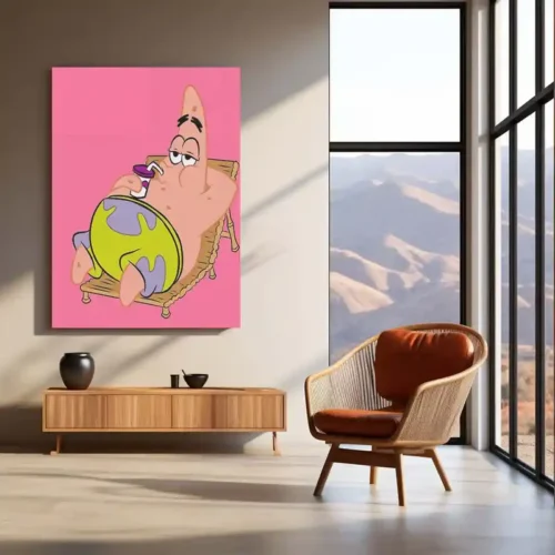 Patrick Star Relaxing with a Drink (Pink Background) Metal Frame | Chill Vibes Cartoon Wall Art - Image 3