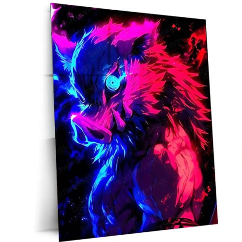 Anime Metal Poster | Inosuke Hashibira ? Neon Beast Rage Metal Poster | Demon Slayer Wall Art Frame