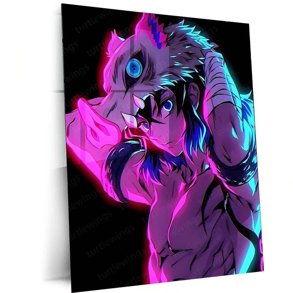 Anime Metal Poster | Inosuke Hashibira ? Wild Beast Mode Neon Metal Poster | Demon Slayer Wall Frame