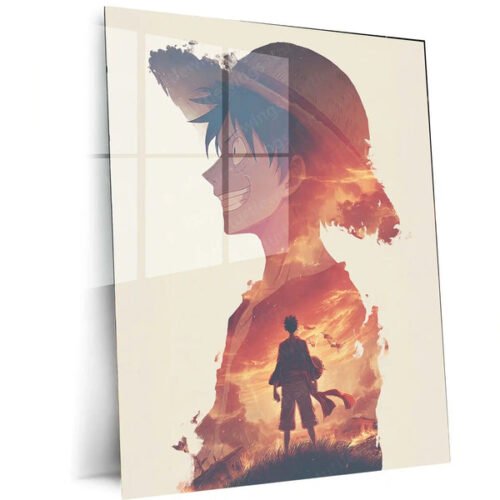 Luffy with Sunset Double Exposure ? One Piece Metal Frame | Dreamy Anime Wall Art | Aesthetic Straw Hat Poster