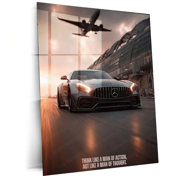 Cars Metal Poster | Mercedes-AMG GT with Jet ? Speed & Power Metal Poster | Supercar Wall Frame