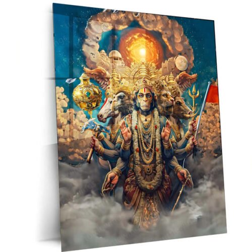 Panchamukhi Hanuman Metal Frame | Five-Faced Hanuman Wall Art | Spiritual & Protective Hindu Decor