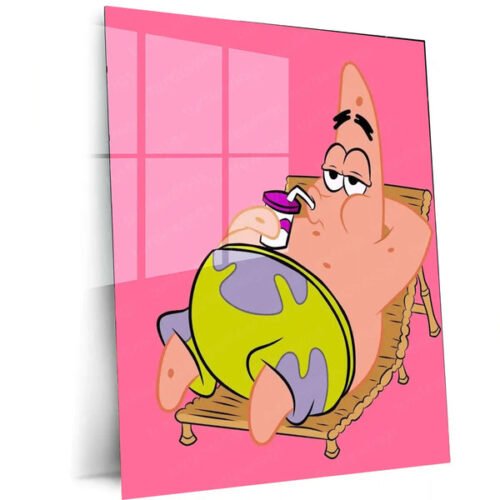 Patrick Star Relaxing with a Drink (Pink Background) Metal Frame | Chill Vibes Cartoon Wall Art