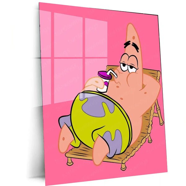 Patrick Star Relaxing with a Drink (Pink Background) Metal Frame | Chill Vibes Cartoon Wall Art