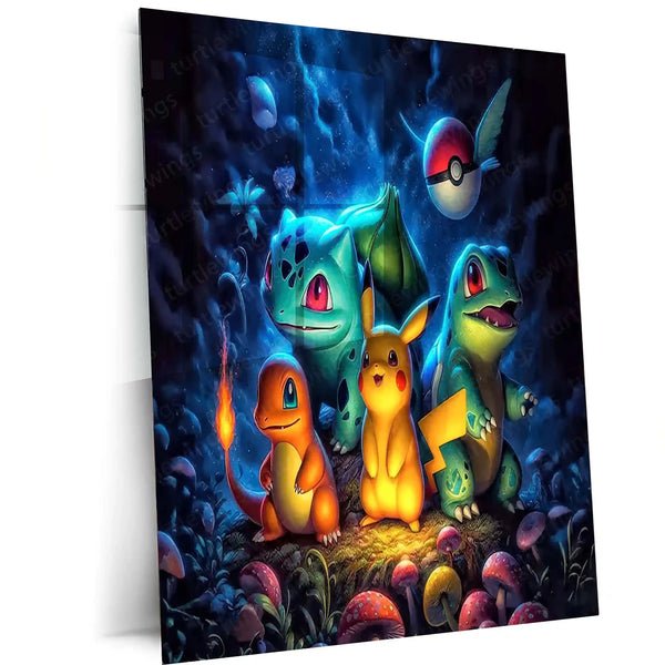 Anime Metal Poster | Pok?mon Starter Poster ? Pikachu, Bulbasaur, Charmander & Squirtle Glow Metal Poster | Anime Wall Frame