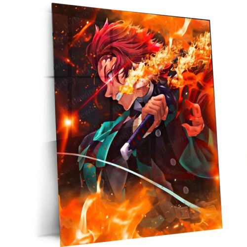 Anime Metal Poster | Tanjiro Kamado ? Fire Breathing Rage Metal Poster | Demon Slayer Anime Wall Frame