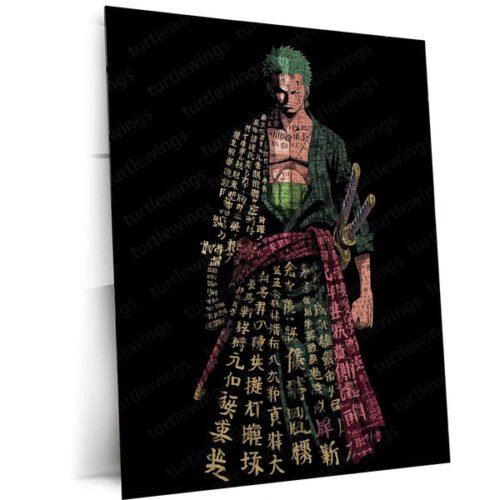 Anime Metal Poster | Tech Zoro ? Futuristic Swordsman with Bold Chinese Calligraphy Metal Poster | One Piece Wall Frame