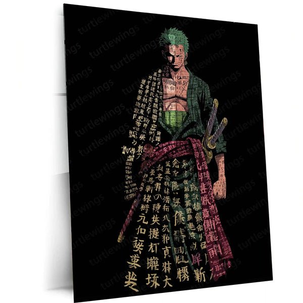 Anime Metal Poster | Tech Zoro ? Futuristic Swordsman with Bold Chinese Calligraphy Metal Poster | One Piece Wall Frame