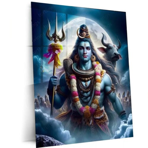 Lord Shiva with Nandi ? Vibrant Abstract Spiritual Metal Frame | Sacred Hindu Wall Art | Divine Decor for Home & Temple 01