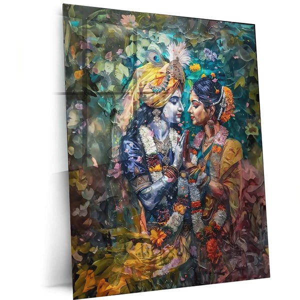 Radha Krishna Metal Poster | Divine Love Painting | Spiritual Wall Art