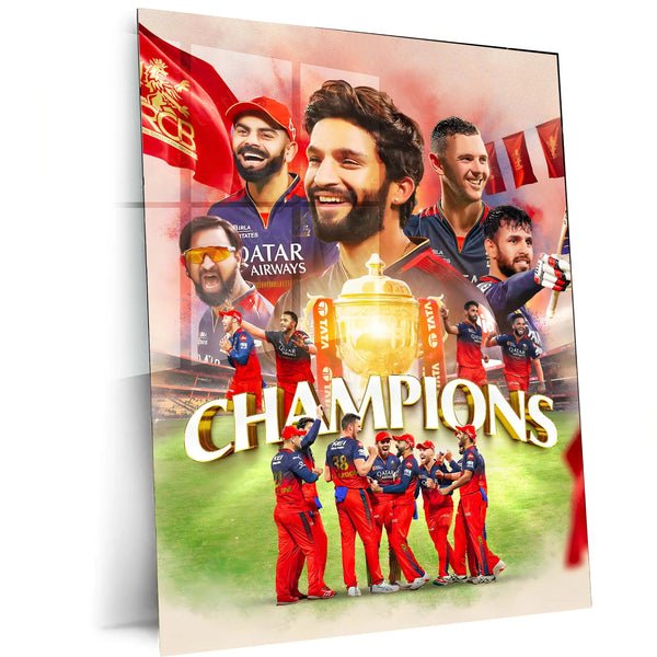 Cricket Metal Poster | RCB Wins IPL Trophy 2025 ? Champion Celebration Metal Poster | Virat Kohli Led Victory Wall Art 07