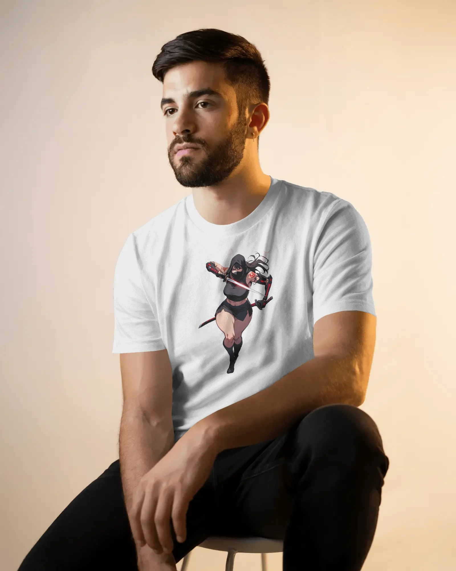 seated-male-model-t-shirt-mockup-in-soft-golden-light-with-casual-pose-and-neutral-backdrop-02134 (6) Female Ninja - Image 1