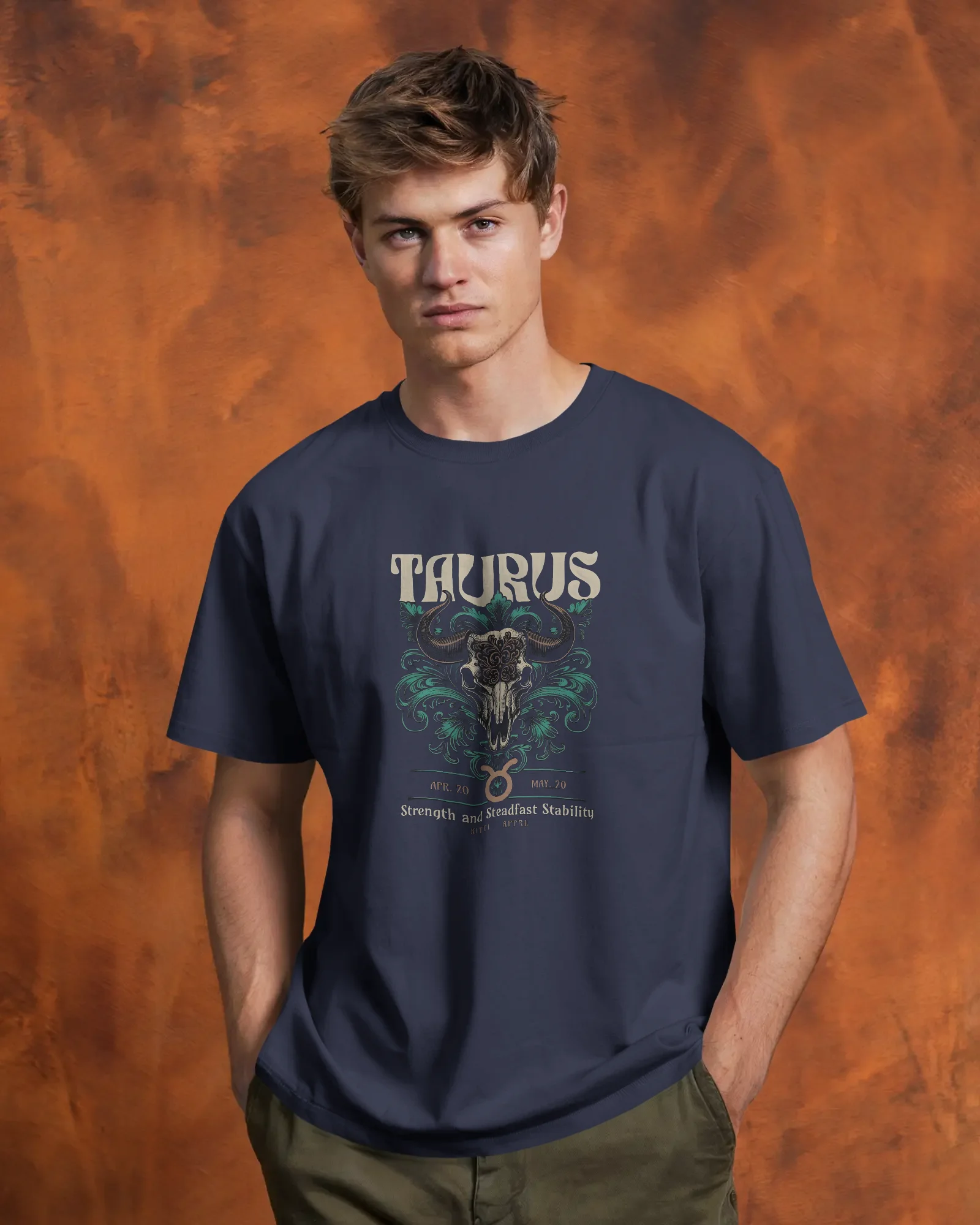 tshirt-mockup-male-model-front-view-hands-in-pockets-against-textured-orange-backdrop-confident-and-casual-pose-01776 (3) Taurus 2 - Image 1