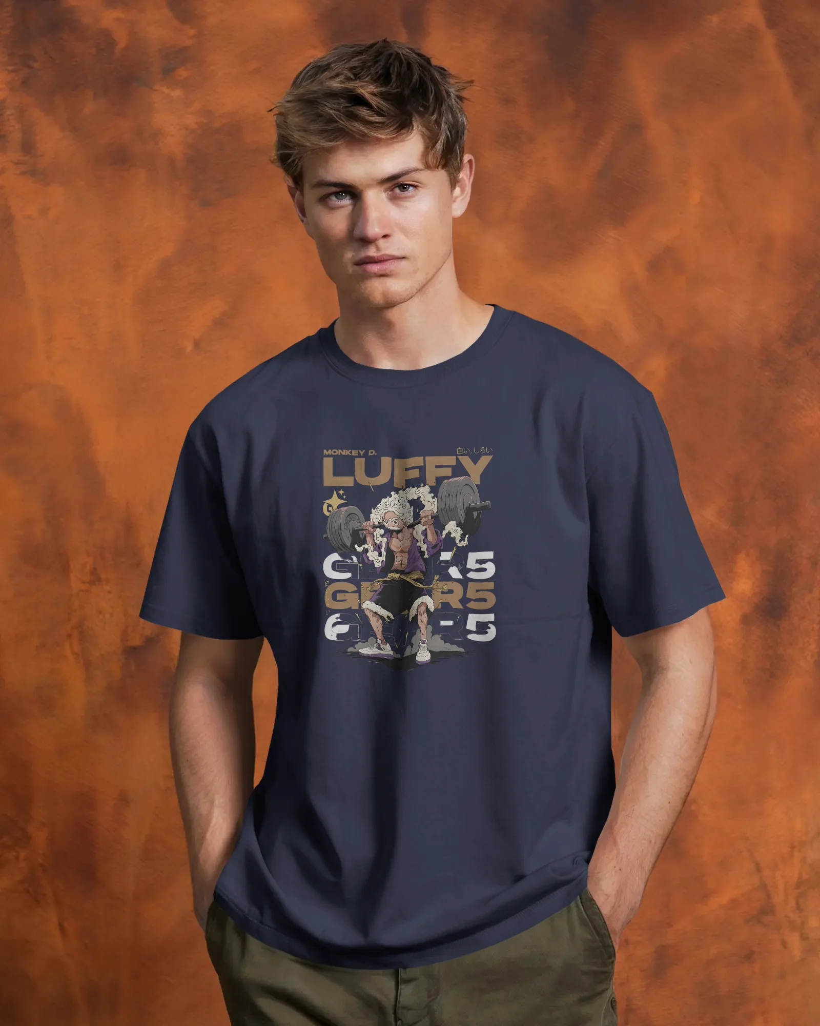 tshirt-mockup-male-model-front-view-hands-in-pockets-against-textured-orange-backdrop-confident-and-casual-pose-01776 (4) Luffy - Image 1